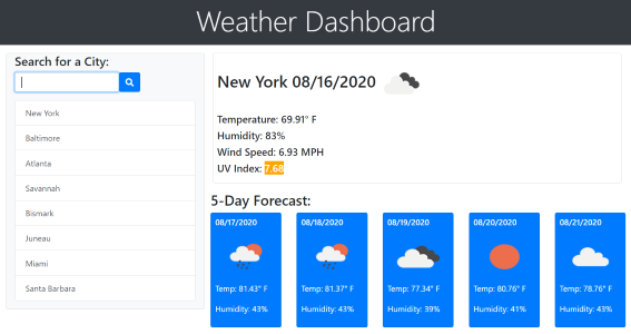 screenshot of weather dashboard web app