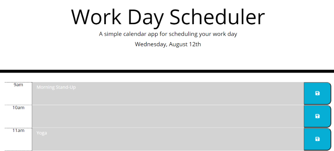 screenshot of work day scheduler web app